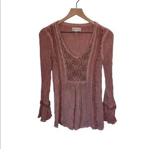 Knox Rose Dusty Pink Ruffled Texture Long Sleeve V-neck Casual Top XS